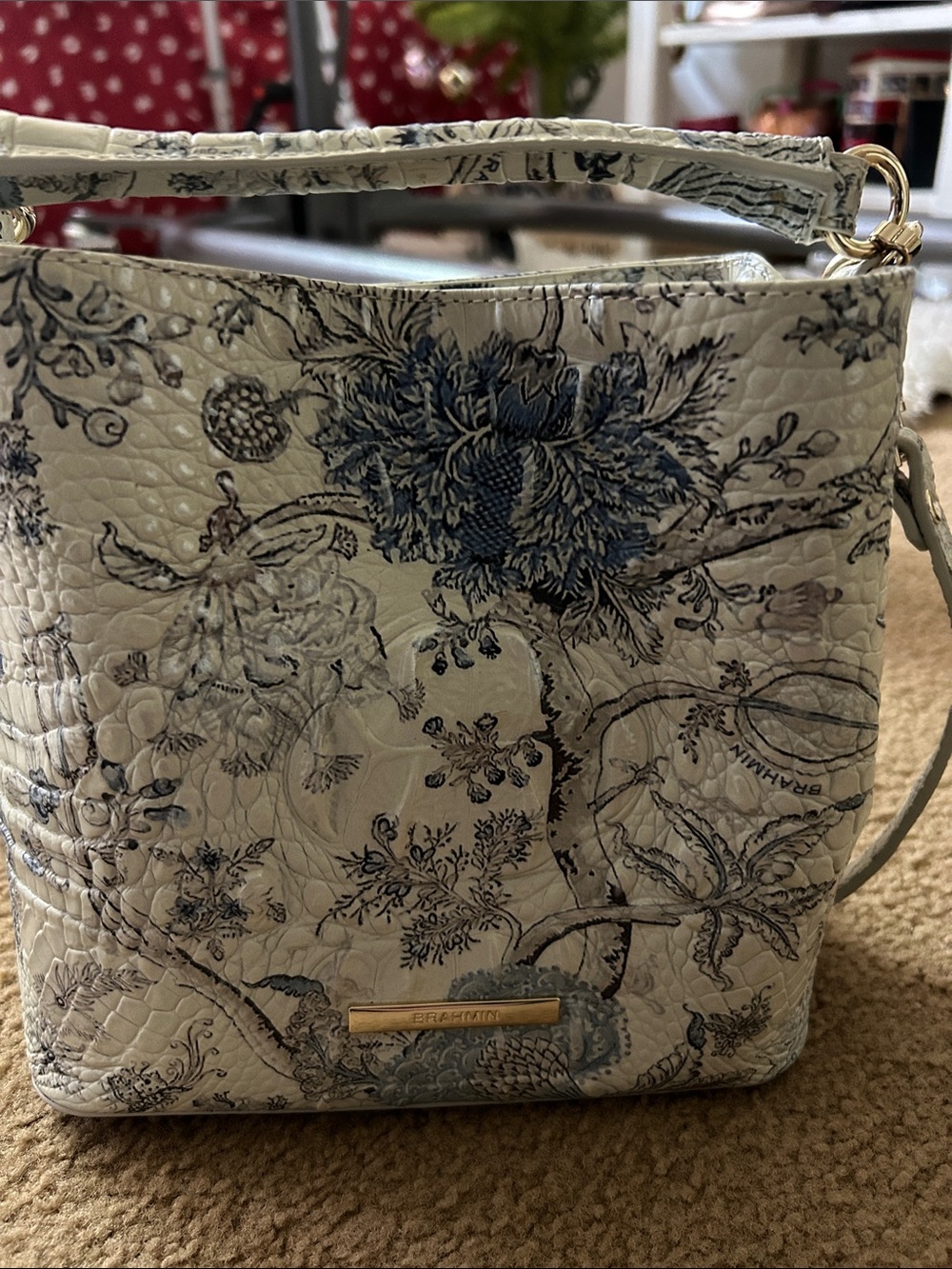 Brahmin White Floral Embossed Leather Shoulder Bag with Blue Accents
